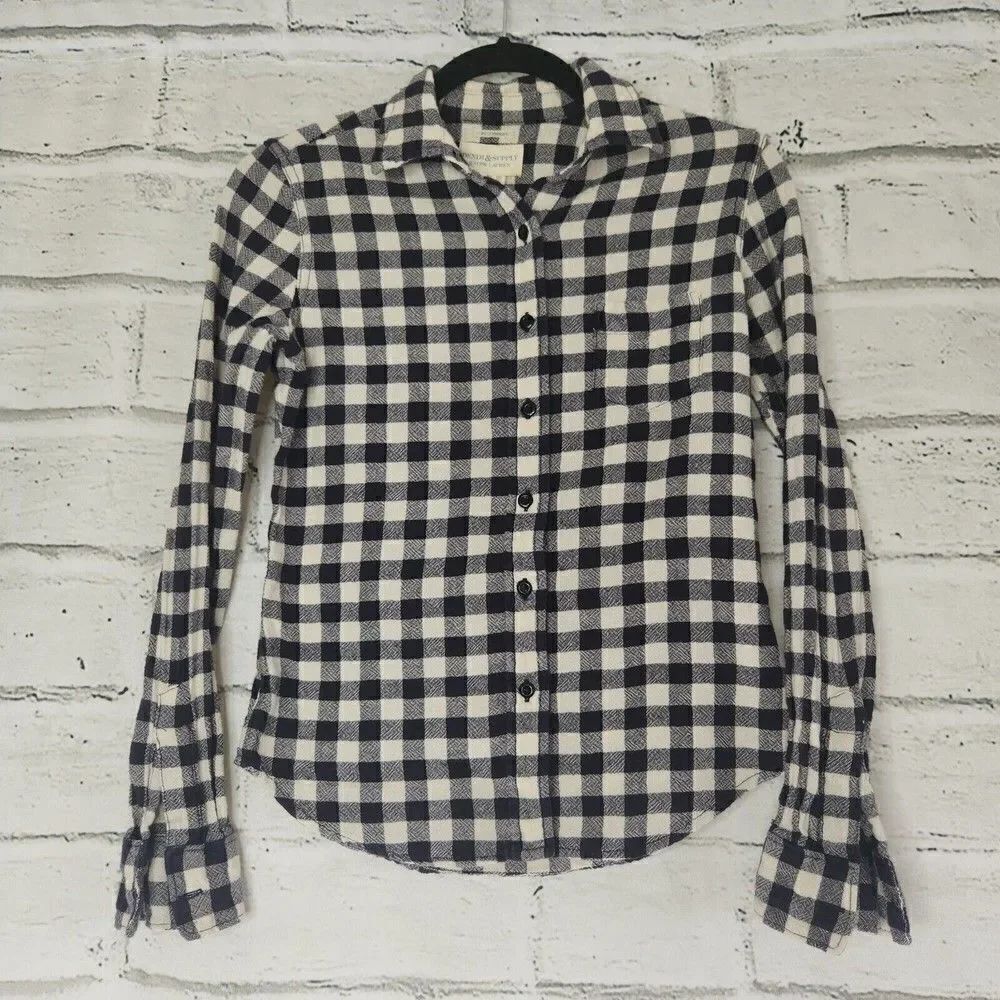 Ralph Lauren Denim & Supply Tomboy Blue White Plaid Button Up Shirt Womens XS